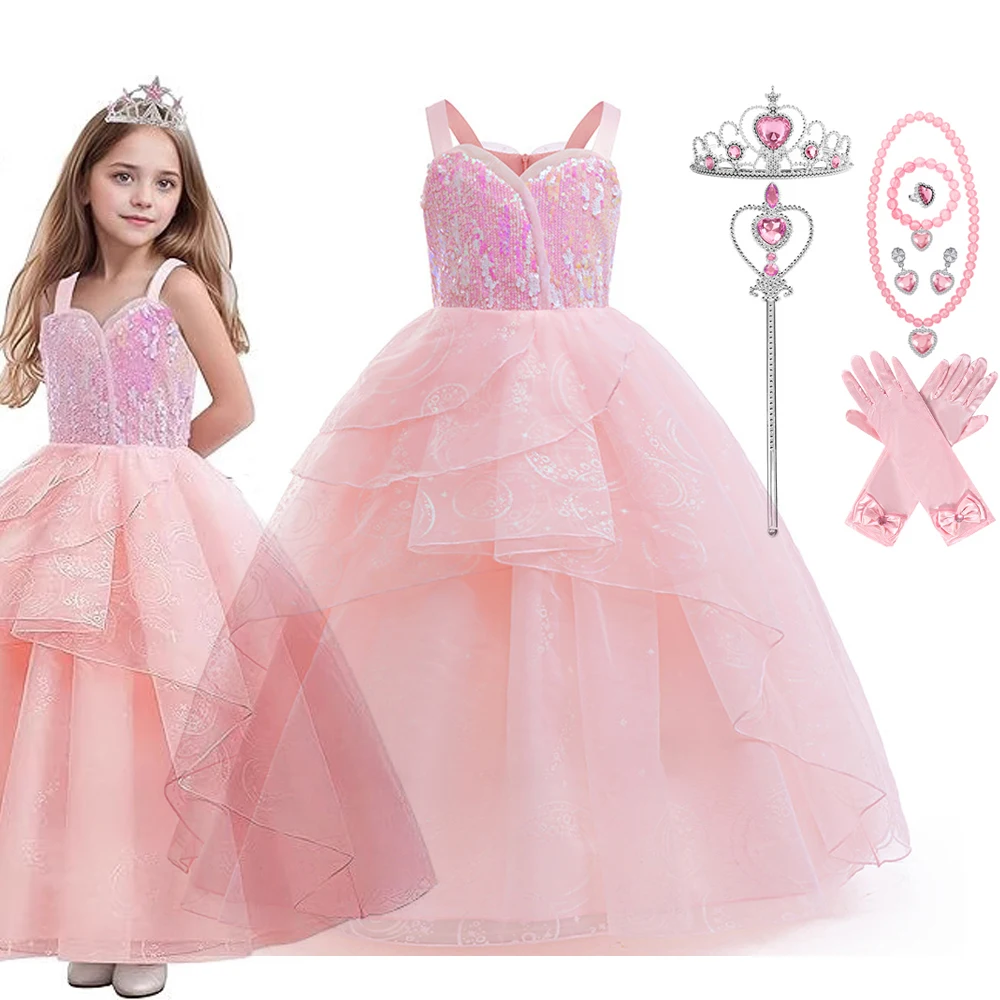 

Girls Wicked Glinda Cosplay Costume Pink Wedding Princess Evening Dress Halloween Party Outfit Girl Celebrity Character Dress Up