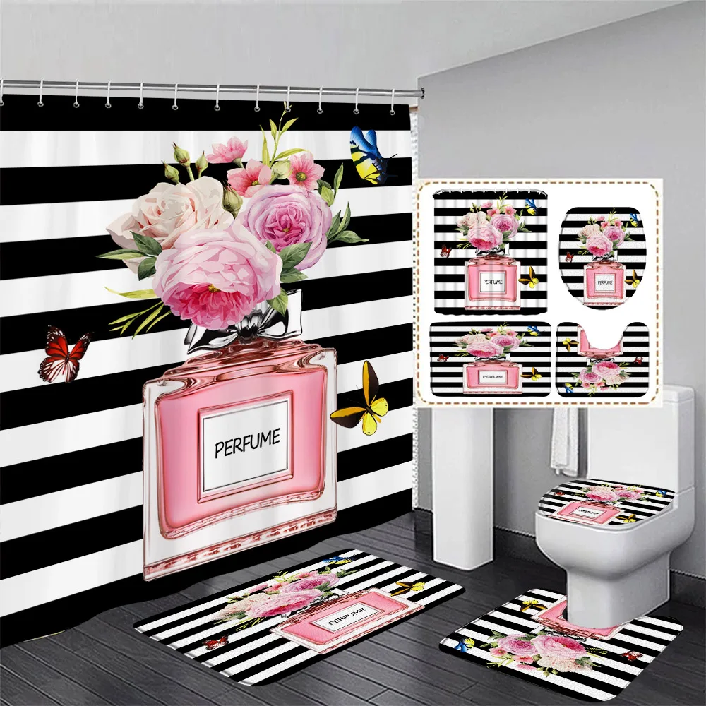 Pink Perfume Shower Curtain Set Butterfly Flowers Black White Striped Fashion Bathroom Decor Non-slip Rug Bath Mats Toilet Cover