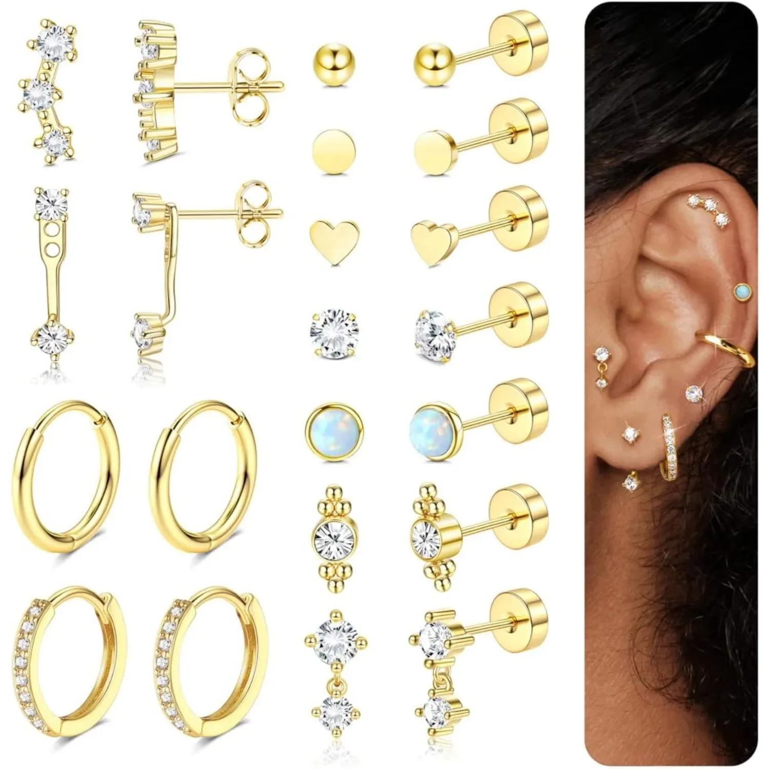 Florideco 11Pairs Flat Back Stud Earrings for Women Trendy Surgical Steel Earrings14K Gold Plated Cartilage Earring Set Piercing