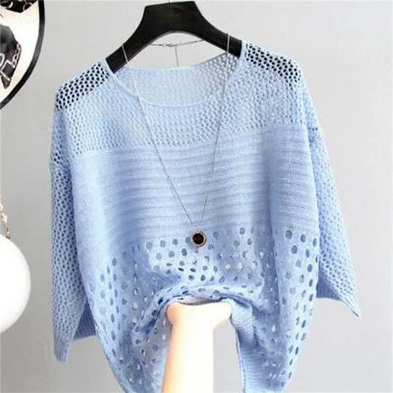 Summer Women Casual Knit T-shirts Long Sleeve Y2k Hollow Out Smock Top Streetwear Beach Shirt Loose Pullover Tee 2024