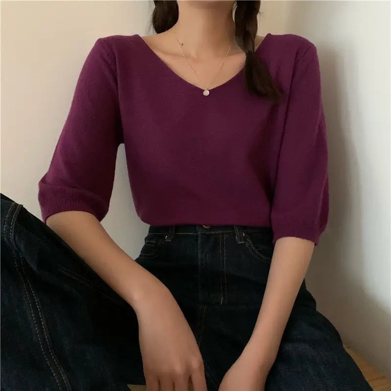 Women Half Sleeve T-shirts V-neck Solid Colorful Knitting Elegant Office Lady Simple Korean Style Females Soft Loose Tops Basic