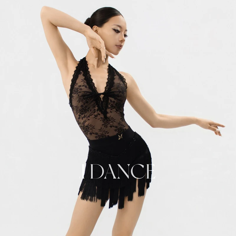 Adults Latin Dance Competition Clothing Sleeveless Sexy Lace Bodysuit Fringed Skirt Women'S Chacha Latin Dance Costume SL15898