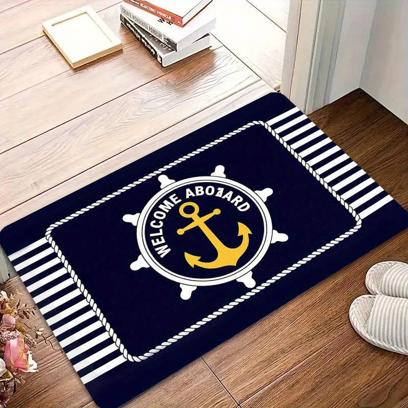 Nautical Welcome Aboard Door Mat, Navy Blue Anchor Ship Wheel Entrance Floor Rug, Maritime Striped Entryway Carpet