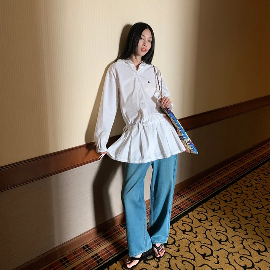 

【New Arrival】Light Blue Button-Down Shirt Dress, Long Sleeve Ruffle Hem Casual Mini Dress for Women