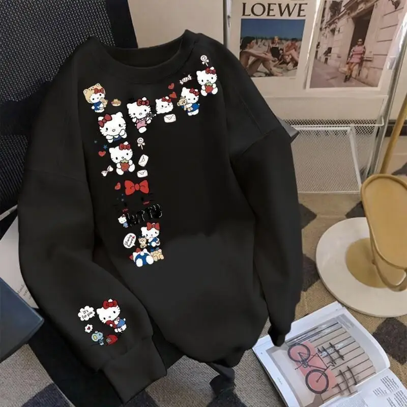 

Sanrio Hello Kitty Round Neck Sweatshirt Fleece Lined Women's Outdoor Japanese Design Loose Fit College Style Autumn Winter