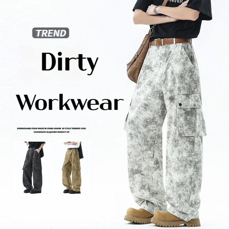 Men's White Baggy Jeans Dirty Printed Grunge Y2K Loose Straight Denim Pants Harajuku Oversized Streetwear Jeans Trousers Male