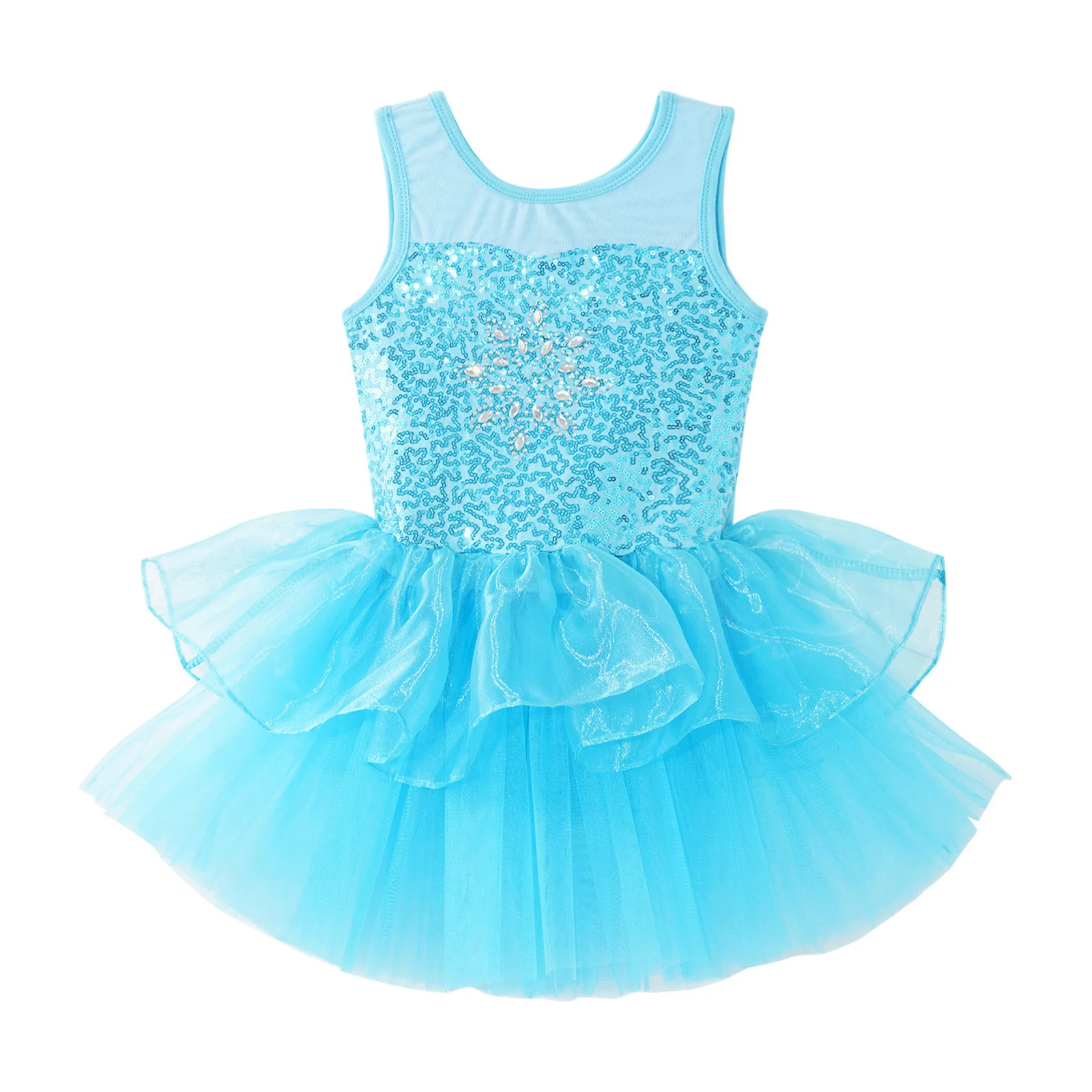 Kids Girls Ballet Dance Dress Sleeveless Shiny Sequins Mesh Leotard Tutu Gymnastics Figure Skating Stage Performance Dancewear