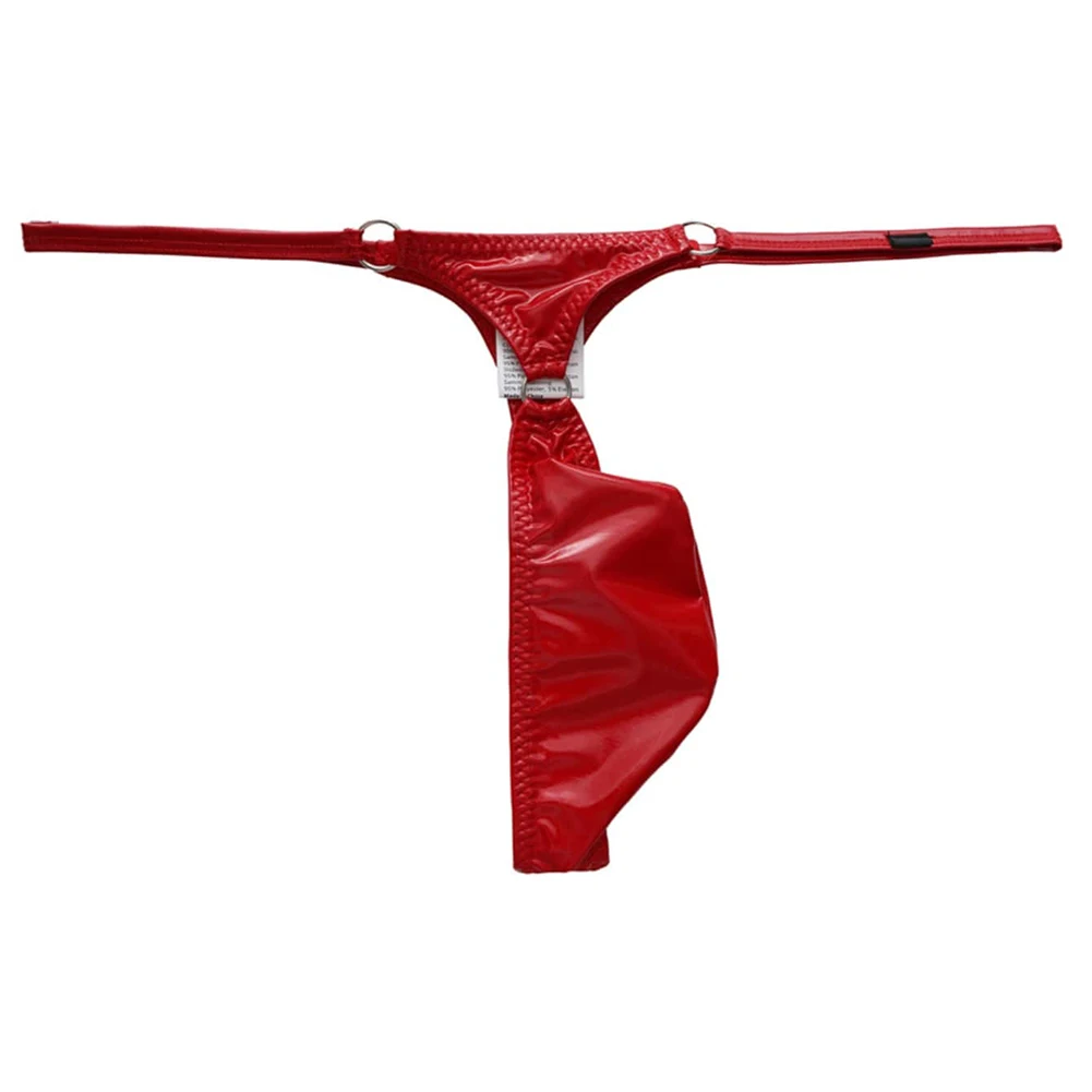 Men's Faux Leather G-String Underwear Low Waist Bulge Pouch Thong Lingerie For Clubwear Nightwear Red