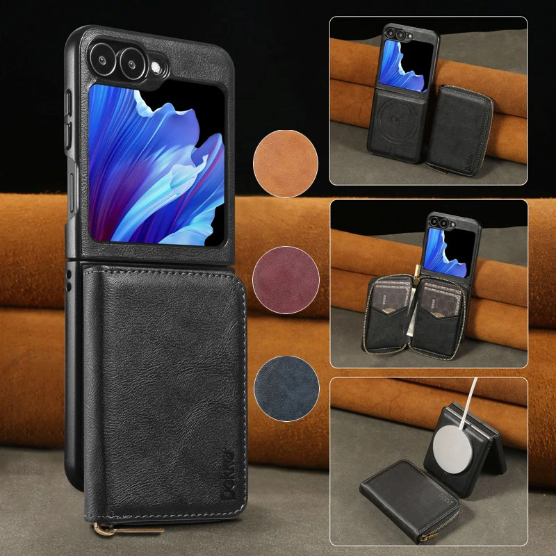 

Detachable Magnetic Phone Case For Samsung Galaxy Z Flip 6/Z Flip 5/Z Flip 4 Solid Color Phone Cover With Zipper Wallet Card Bag