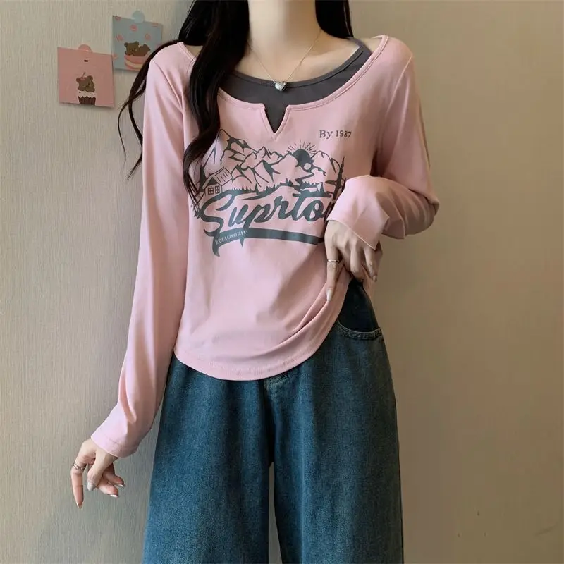 Fake Two Pieces Letter Printed T-shirt Spring Autumn Patchwork O-Neck Halter Basic Female Clothing Casual Long Sleeve Pullovers