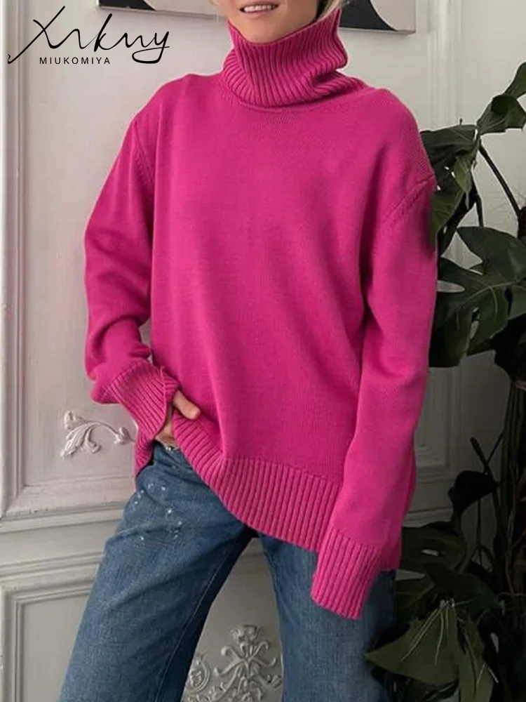 Rose Red Christmas Turtleneck Pullovers Sweaters Women Oversized Warm Solid Knit Tops Purple Turtleneck Sweater For Women Winter