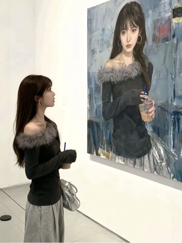 Top Coreano con Colletto in Pelliccia, Spalle Scoperte, Maniche Lunghe, Aderente, Autunno Inverno, Stile Hot Girl