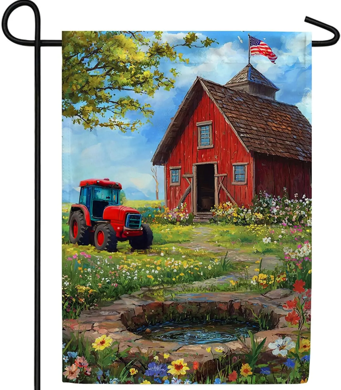 America Forever Patriotic Red Schoolhouse Garden Flag, 12.5 x 18 inch Double Sided, American Flag Tractor Country Farm, Spri zzo