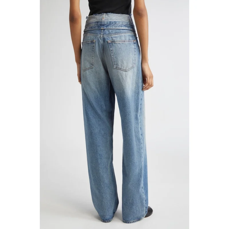 High-Quality Women's High-Waist Summer Washed Splice Waist Denim Pants Fashion Casual High-Street Floor-Length Trousers