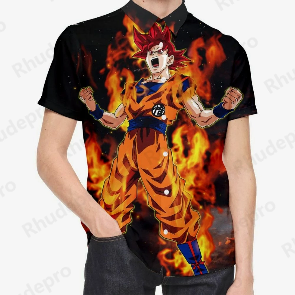 Kemeja sosial perjalanan tepi pantai pria, kemeja asli ukuran besar Dragon Ball Z blus musim panas laki-laki Vegeta pakaian jalanan Anime 2024