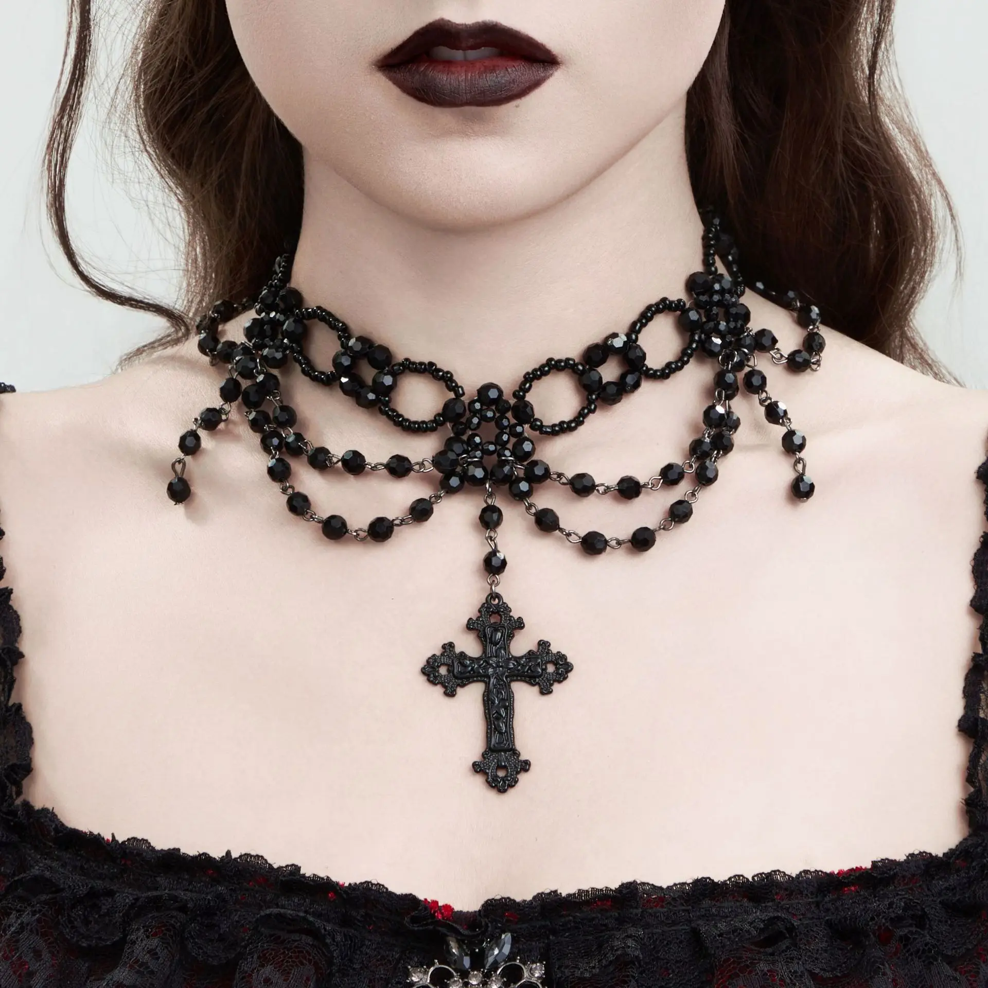 Choker Necklace Gothic Cross Pendant Layered Tassel Black Beaded Alloy Vintage Durable Comfortable Jewelry Women Daily Gift