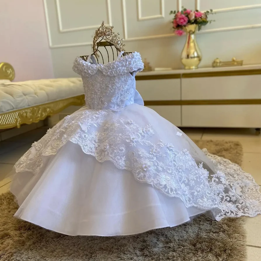 

White Pearls Appliques Flower Girl Dress For Wedding Princess Birthday Party Beaded Lace Christmas Dress First Communion Gown