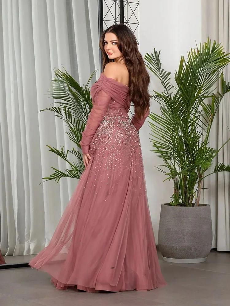 LAYXHS Modne Sukienki Wieczorowe z Odkrytymi Ramionami, Sukienki Wieczorowe w Linii A, Długie Sukienki, Błyszczące Sukienki Balowe z Koralikami, Sukienki Wieczorowe Szyte na Miarę