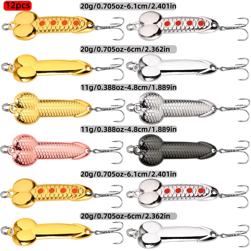 12pcs Metal VIB Lure Sequins Bait Gold Silver Spoon Penis Fishing Lures Artificial Bait Tackle Fishing Spinner Blade for Bass