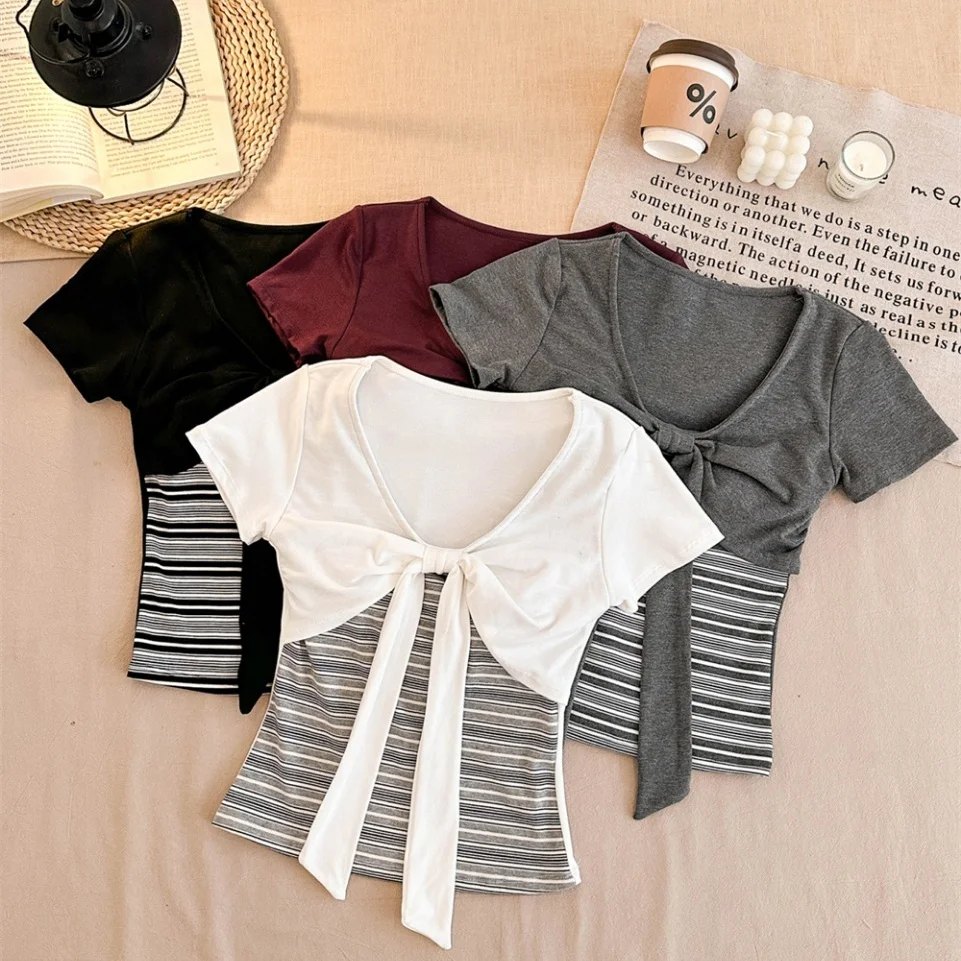 Summer New Pure Desire T-Shirt Women's Slim Fit Short Sleeve Padded Integrated Stripe Splicing Fake Two-Piece Korean Style