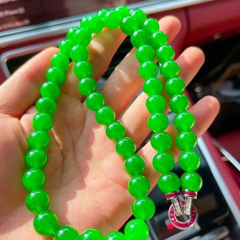 

Authentic ice full necklace, old mine Burmese jadeite imperial green bracelet, round bead string