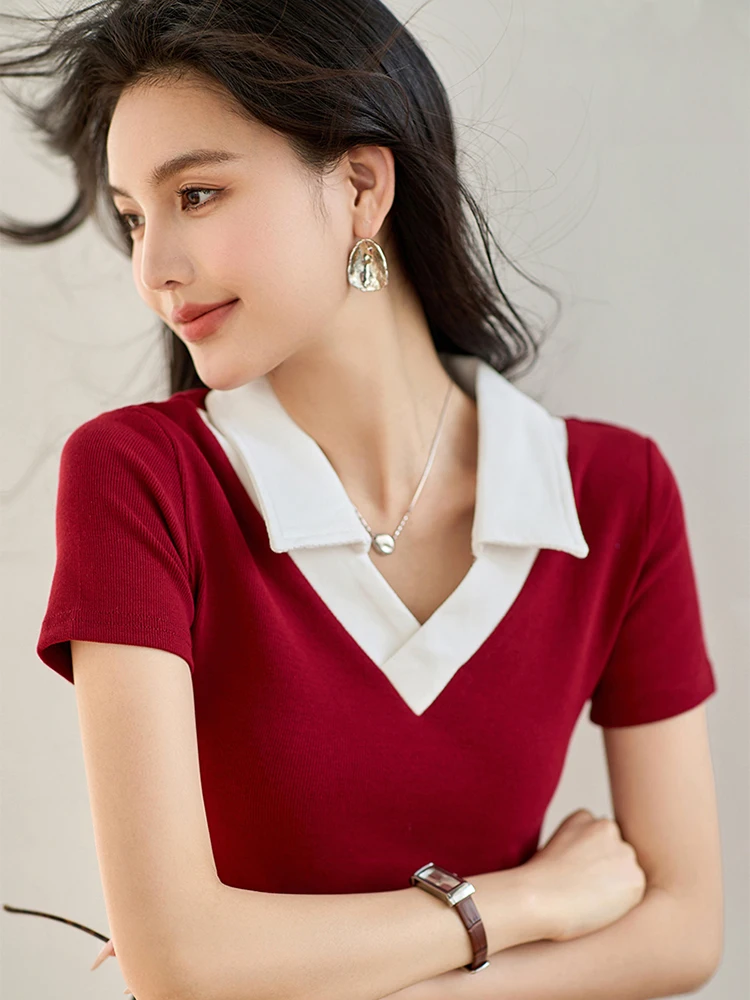 Korean Fashion Summer Women Lapel Shirt Short Sleeve T-Shirt Solid Color Knit Top Fashionable Slim Fitting Pullover Top