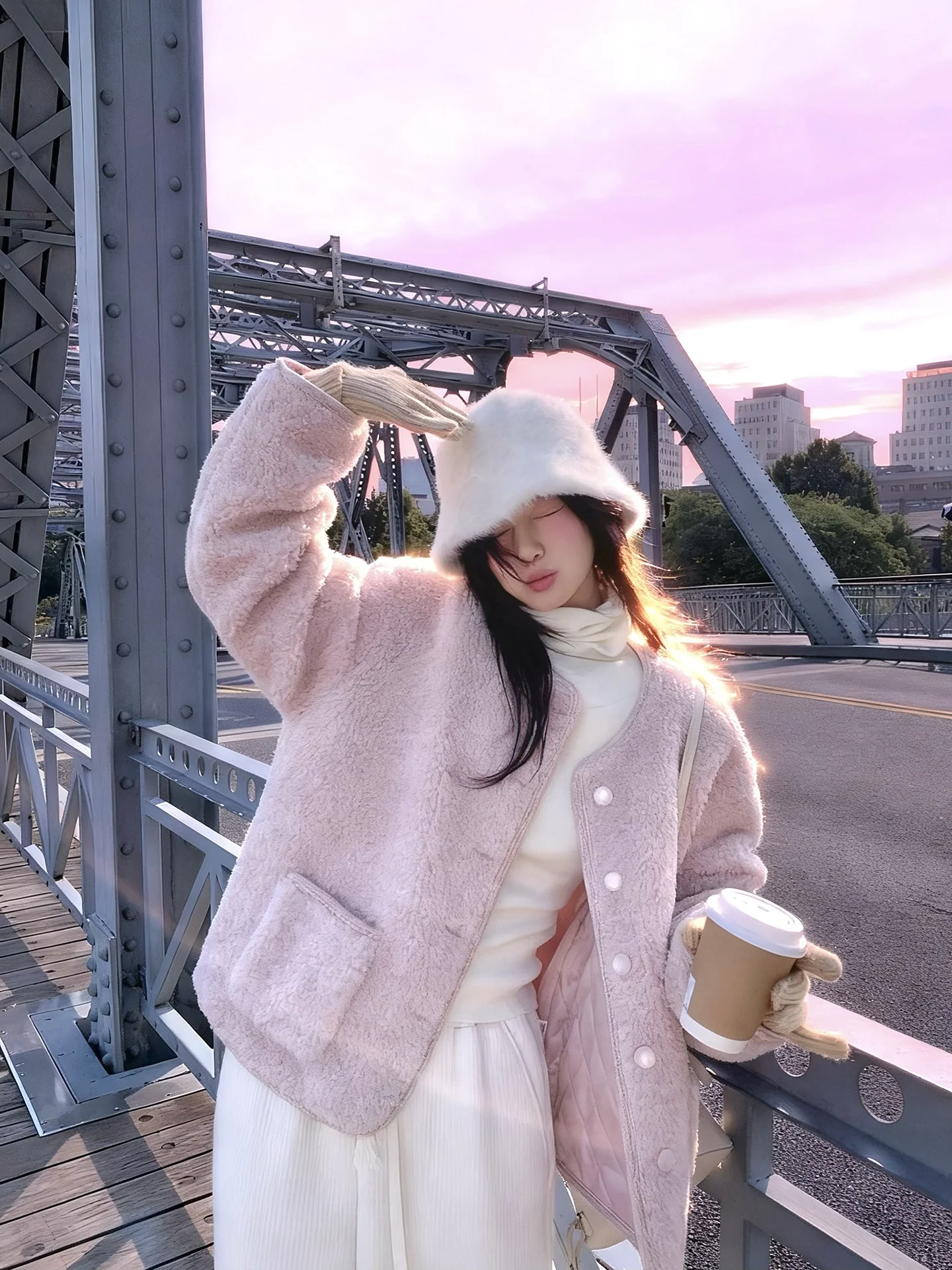 

Розовое пальто с воротником из овечьей шерсти, утепленное хлопком, женское, в корейском стиле, осенне-зимнее, простого прямого кроя, с длинными рукавами, круглым вырезом