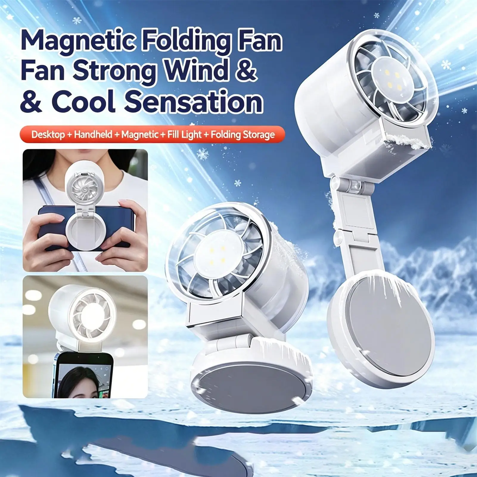 Personal Fan 3-Speed with Lights Magnetic Cooling Battery Operated Mini Fan Handheld for Women Men Kids Home Bedroom Office