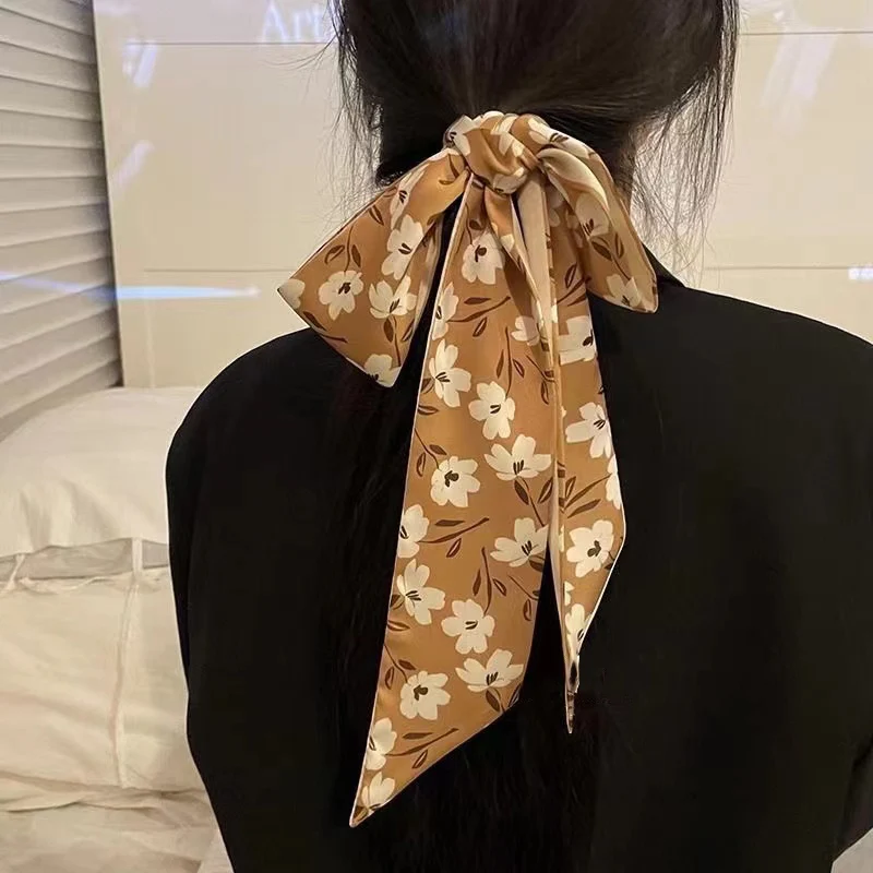 4/5/8Pcs Women Fashion Silk Scarf Hair Band Ribbon Tied-up Hair Long Bow Hair Scarf Printed Hairband Ponytail Hair Accessories