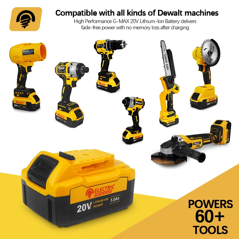 Electric Goddess 20V 5.0Ah リチウム電池は 60 以上の Dewalt ツールに適応 LED ライト表示 DC ポート充電