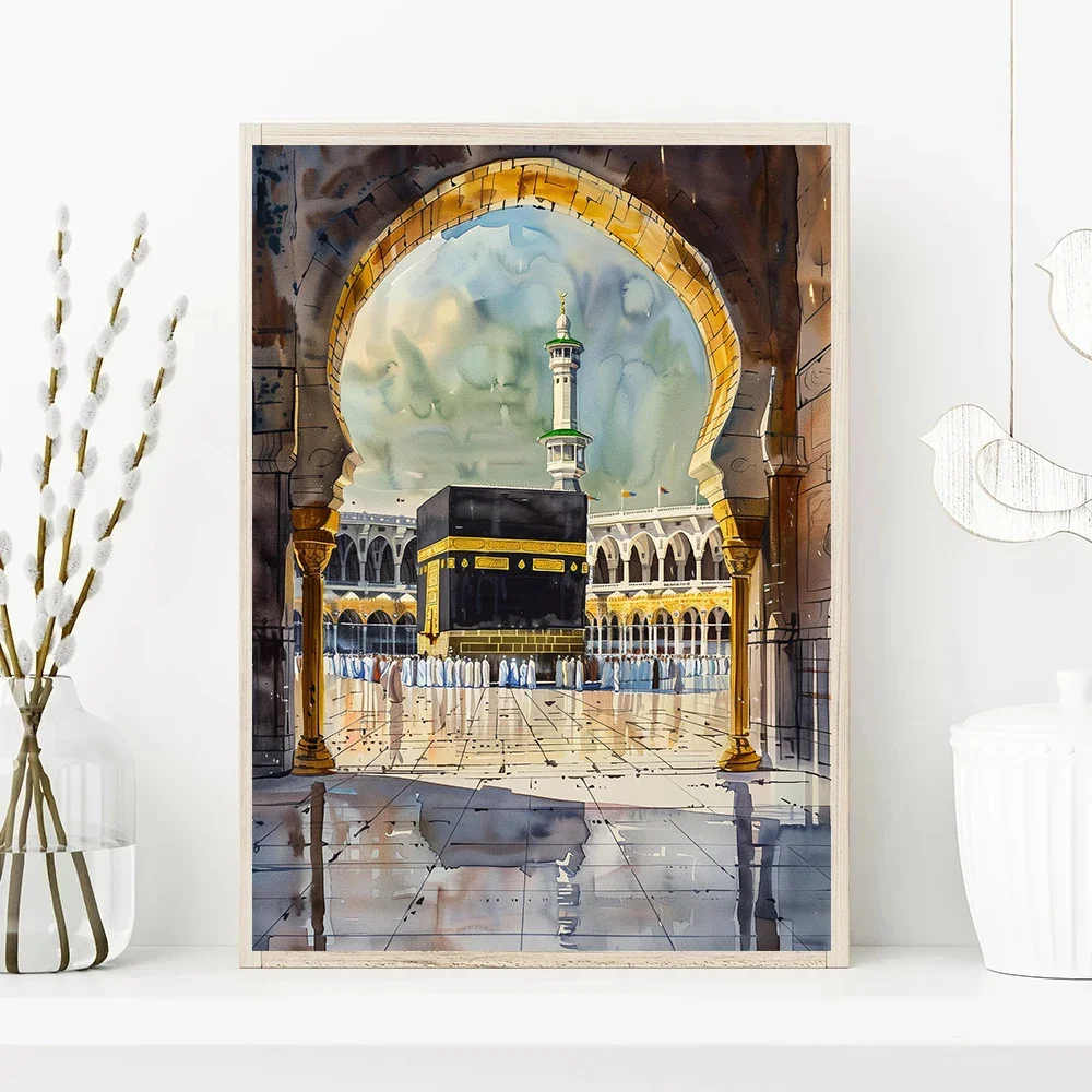 مسجد القرآن الكريم كابا قماش إسلامي المشارك الألوان المائية اللوحة الزخرفية الحديثة صور غرفة المعيشة ديكور المنزل كوادروس