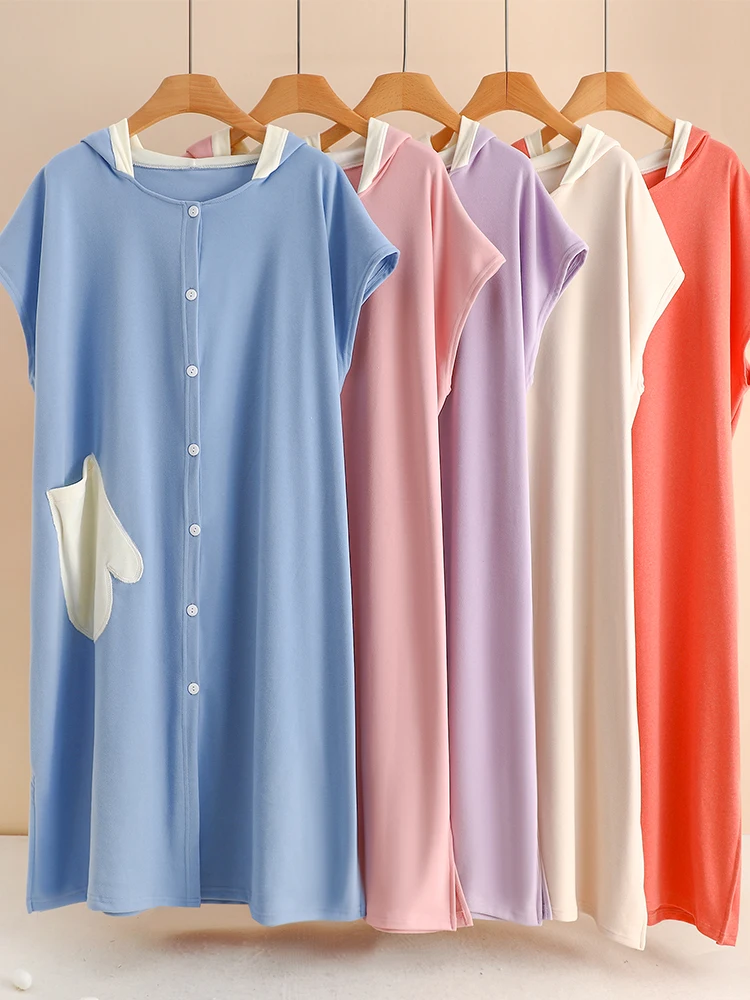 

Warm Fleece Sleep Robe Women's Winter Oversize Casual Knee-Length Home Clothes Hooded Short Sleeve Mid-Length Home Dress