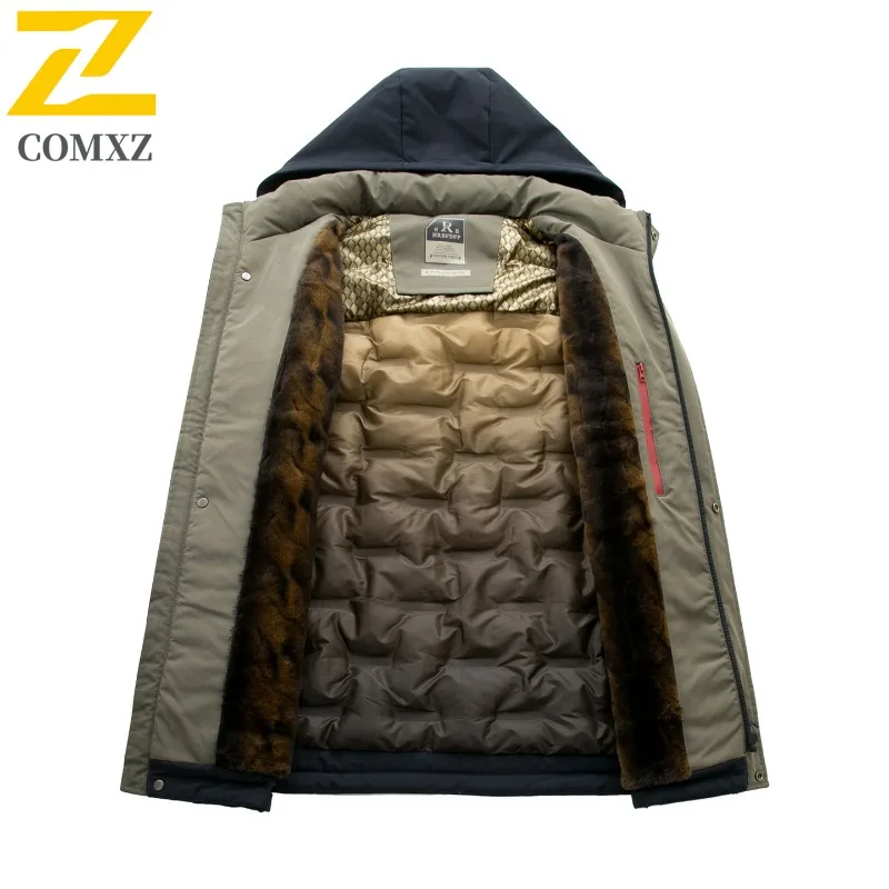 COMXZ Warm katoenen gewatteerde jas Afneembare hoed Thicke Work Fashion Klassieke gewatteerde jas 2025, Reizen Winddicht Heren Winterjas