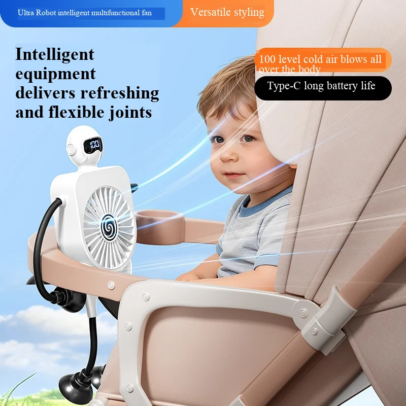 New versatile robotic small fan with suction cup, intelligent digital display, mini electric fan, USB, cartoon desktop fan