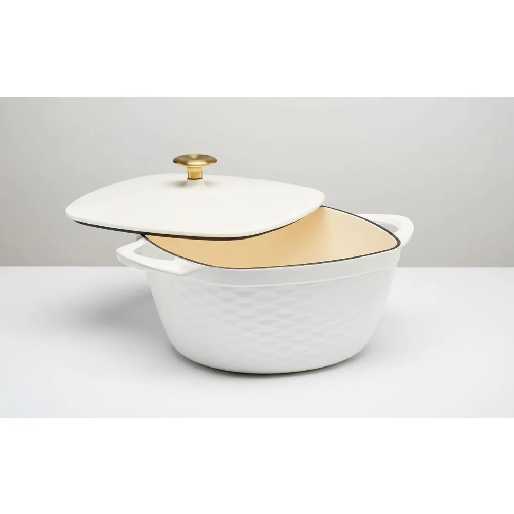 

7-каратная эмалированная чугунная квадратная голландская духовка — белая кухонная кастрюля для медленного приготовления и выпечки