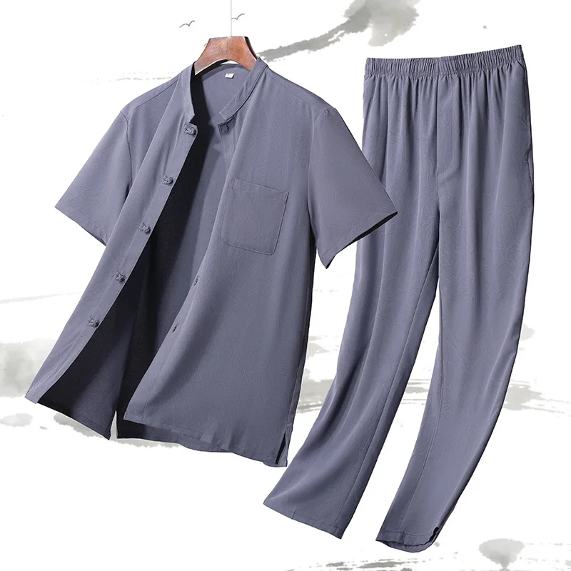 新夏薄手アイスシルク半袖セット-パパ夏服-中高年男性向け唐装風おじいちゃんカジュアルウェア
