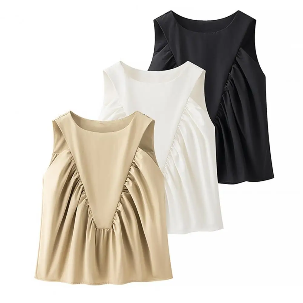 

New Women's Solid Round Neck Loose T-shirt Pleated Wrinkle Vest Broad Shoulder Decorative Strips Fashionable Versatile Summer