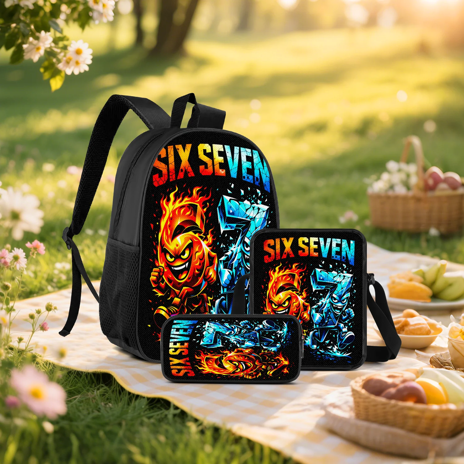 Six or seven cartoon printed three piece backpack set, including backpack, crossbody bag, pencil case