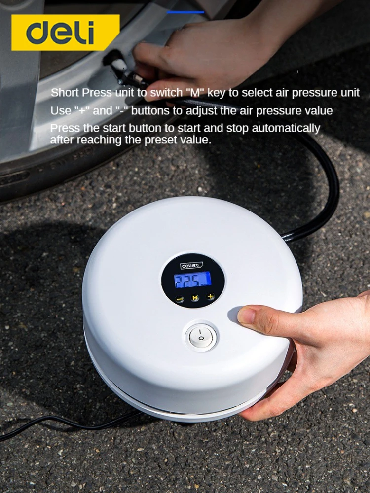 DELI Mini car mounted inflator preset tire pressure 12V automobile Portable inflator electric bicycle motorcycle Air Compressor