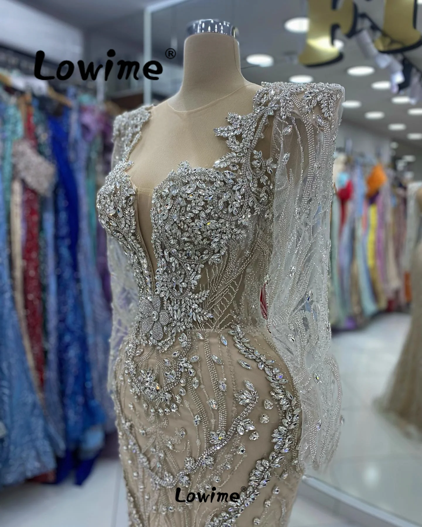 Sparkly Crystals Evening Dresses Long Sleeves Luxury Prom Dress 2024 Aso Ebi Mermaid Party Second Reception Gowns Champagne Robe