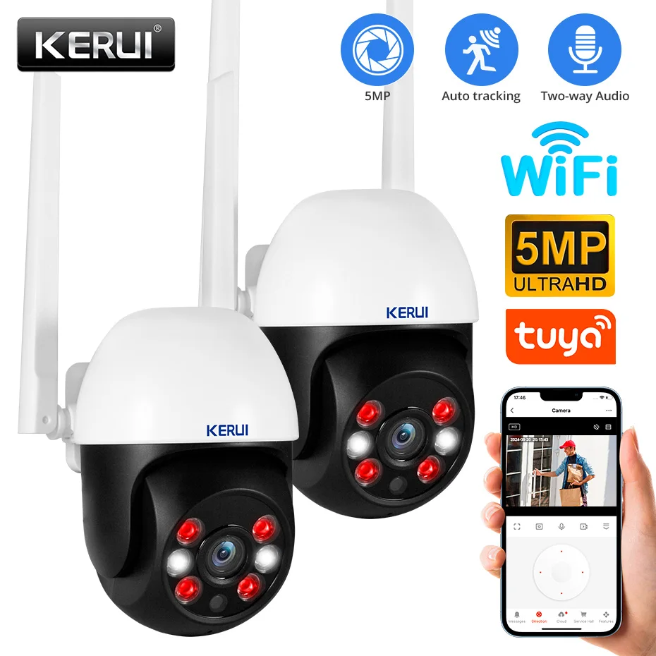 KERUI 5MP Tuya Camera Outdoor PTZ WIFI Surveillance Camera Smart Home Auto Tracking Waterproof CCTV Security Protection