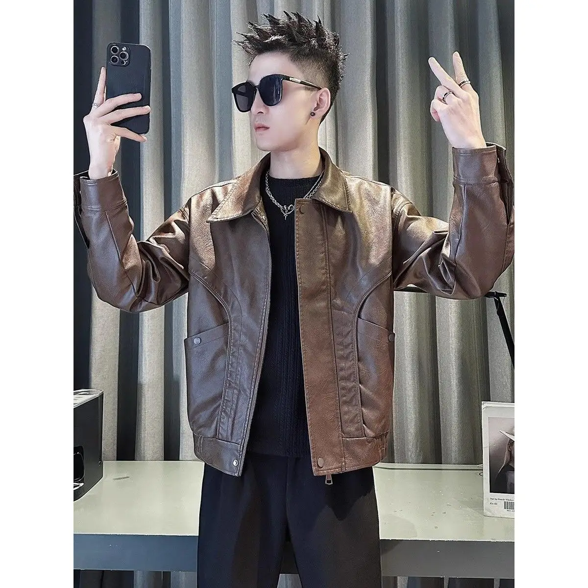 Trendy PU Leather Jaet Men's Faionable Streetwear Winter Warm Thiened Double-Sided Wear Casual Sle Metal Bule Sve