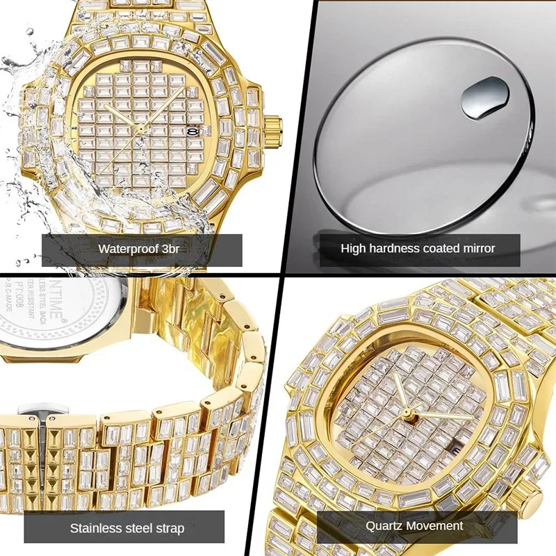 Luxury Man's Quartz Watches Diamond Studded Starry Sky Square Diamond Calendar Waterproof Luminous Watch Stainless Steel Strap