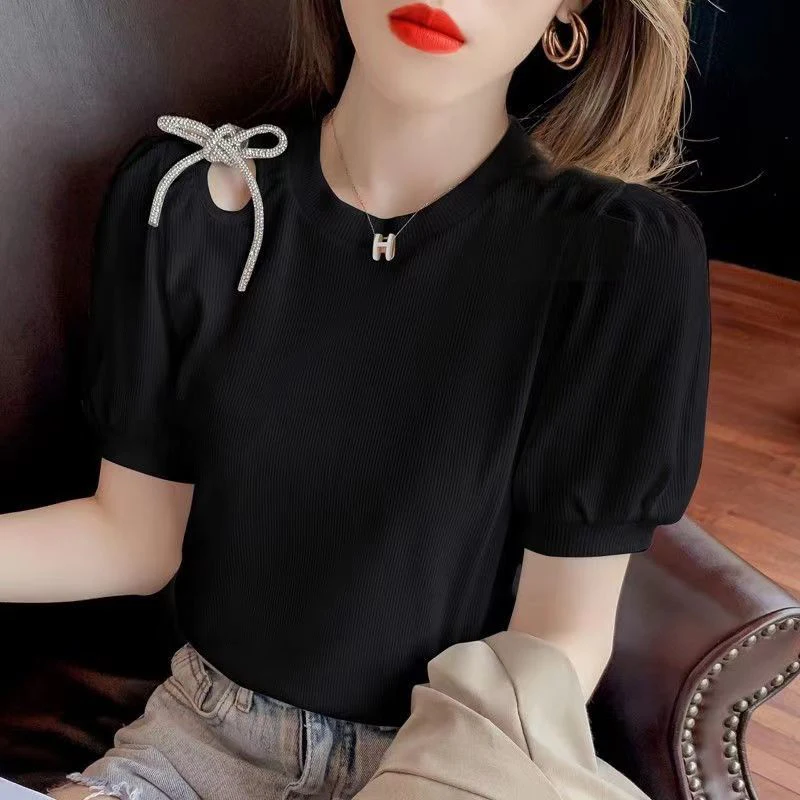 2023 Summer Round Neck Hollow Out Lace Up T-shirt Female Puff Short Sleeve All-match Top Women Loose Casual Solid Pullover Tee