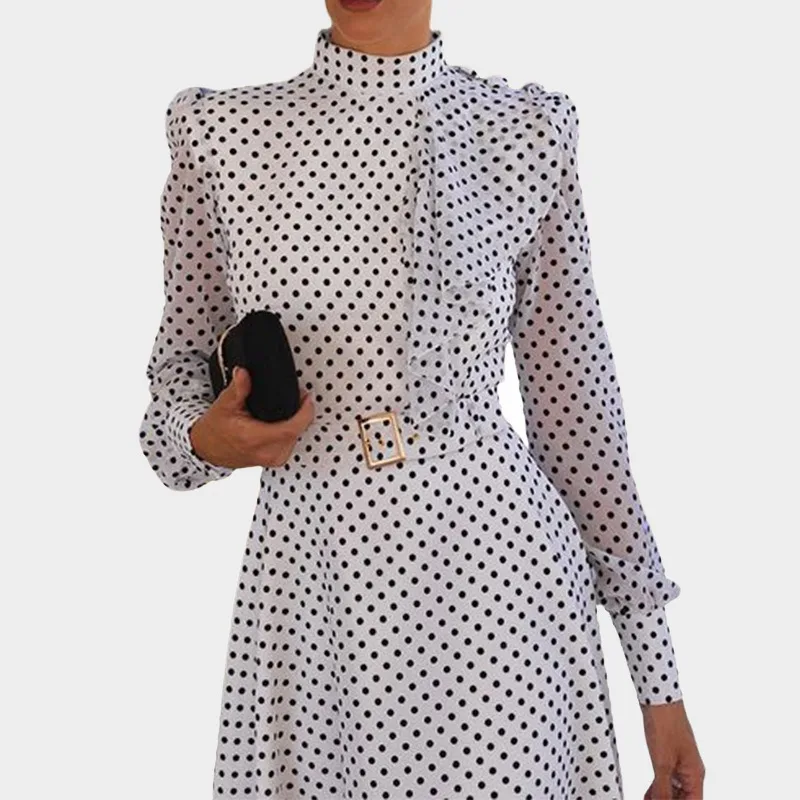 Ladies Polka Dot Print Shirt Dress Women High Neck Casual Midi Holiday Dress Female Belt A-line Beach Dress Dresses Robe Vestido