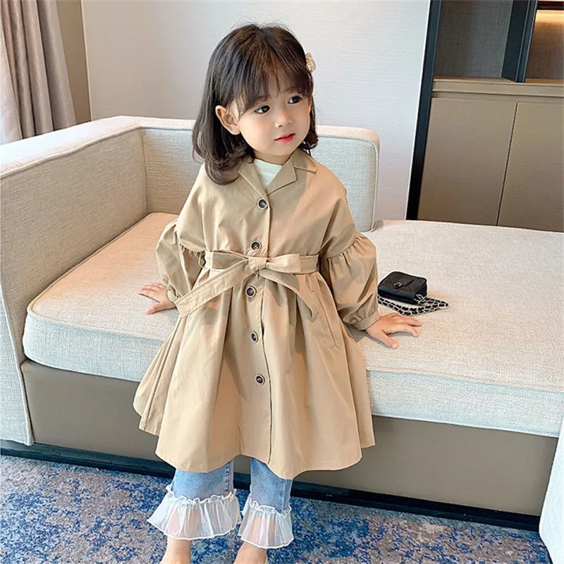 Spring Autumn Girls Windbreaker Coat Mid-Length British Style Casual Coat For 2-8 Years Old Kids Jacket Teenage Girls Clothing