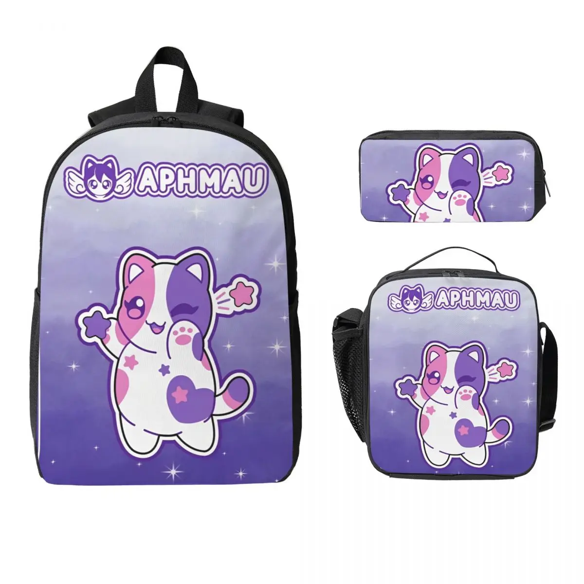 3Pcs APHMAU Kawaii Cats School bags Set for Kids Pen Bags Backpack Sets with Lunch Box For School Students Daypack
