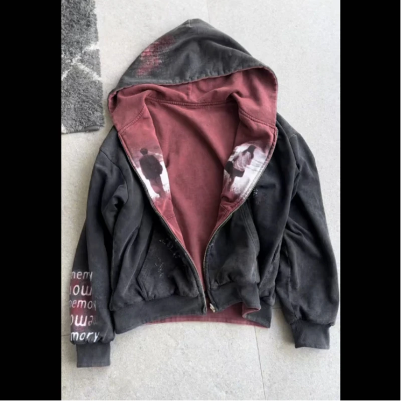 

New double-sided hooded zipper sweatshirt with autumn and winter American printed patchwork cardigan top and outerwear ins