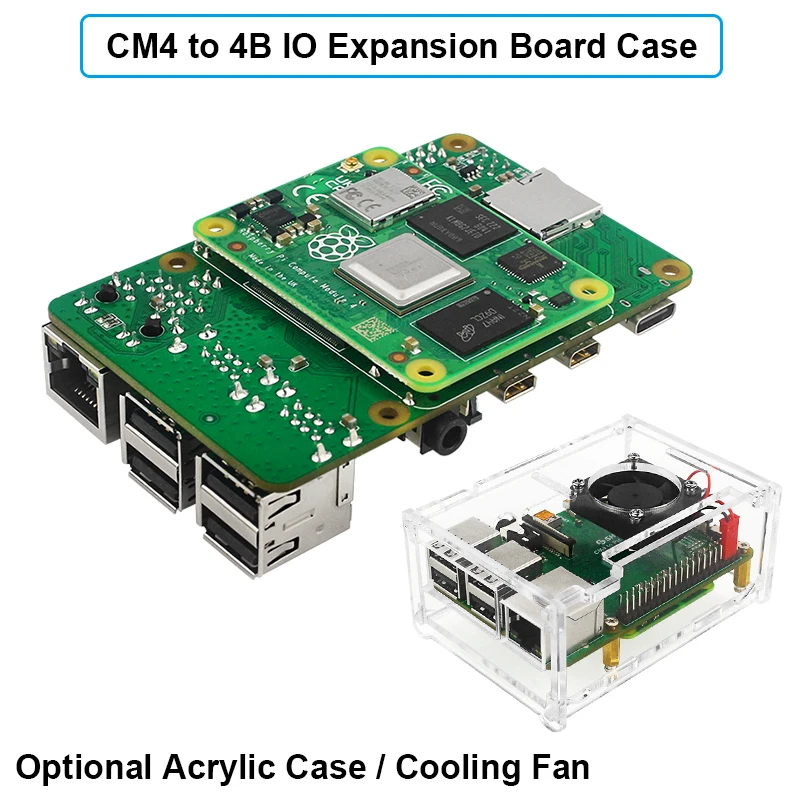 

Raspberry Pi CM4 to 4B IO Expansion Board Optional Acrylic Shell Cooling Fan for Raspberry Pi CM 4 to 4B IO Board