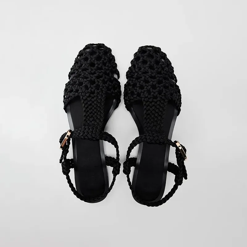 

2025 Spring New Flat Shoes Women's Sandals Summer Versatile French Style Black Woven Roman Hollow Outs Gladiator Sandalias Mujer